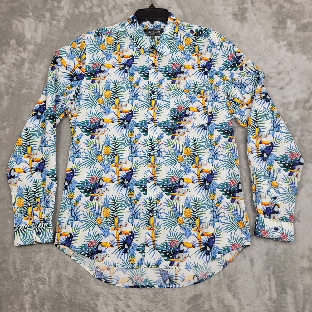 Paisley‎ & Gray Men's Large (17) Slim Fit Shirt Tropical Birds Floral Colorful